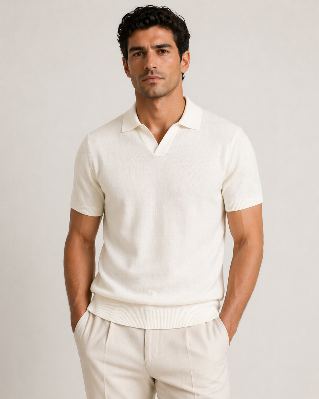 Luxe V-Neck Polo Shirt – Crème Wit