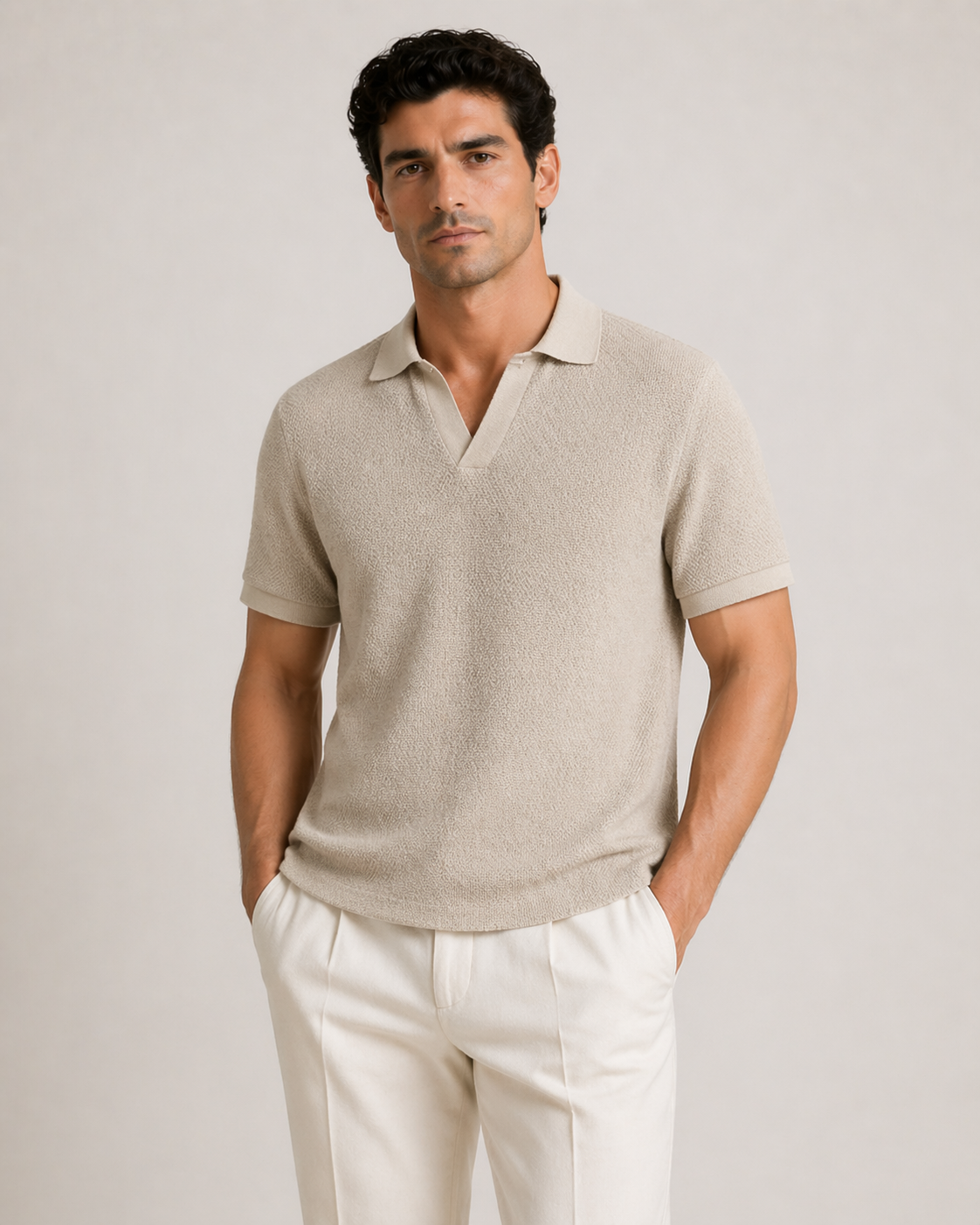 Luxe Textured V-Neck Polo – Beige