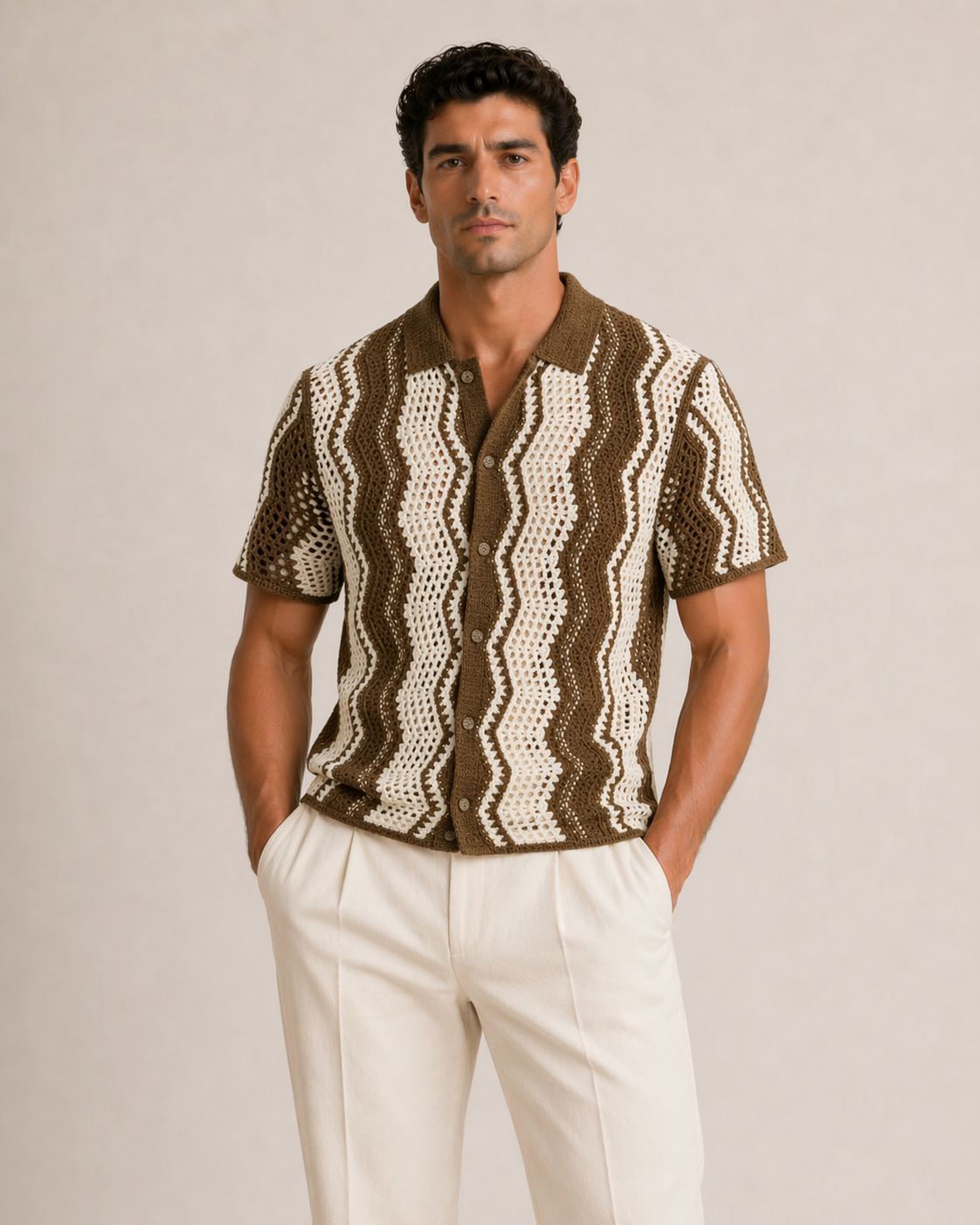 ZigZag zomer blouse Crochet Resort Shirt – Bruin / Crème