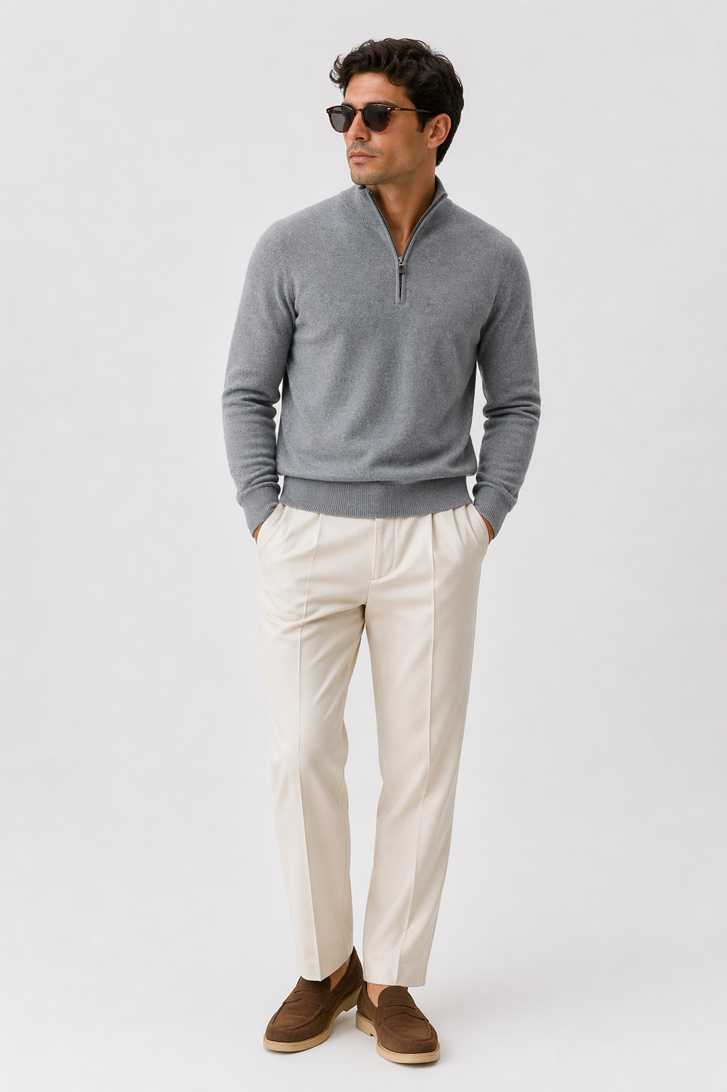 Tricot luxe avec fermeture éclair au quart – Gris