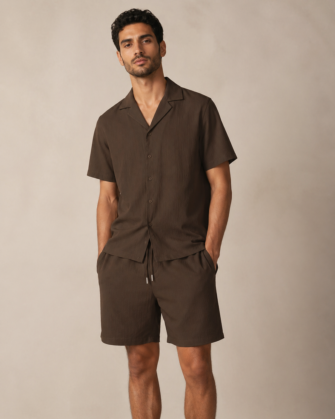 Luxe Casual Heren Set – Bruin Overhemd & Short