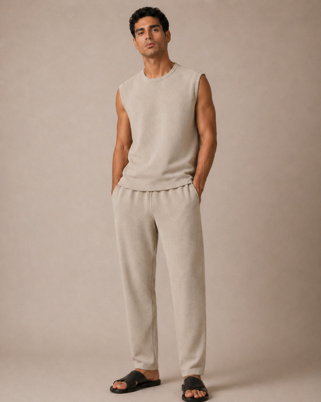 Ensemble sans manches beige pour homme – Tenue confort de luxe